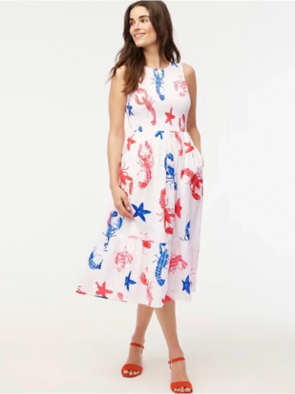 J. Crew White Midi Dress with Red & Blue Nautical Print 🦞